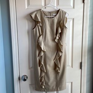 Calvin Klein Size 6 Asymmetrical Ruffled Khaki Sheath Dress